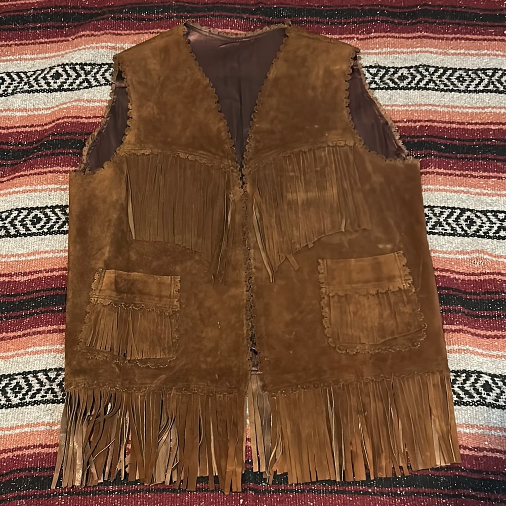 Custom brown western suede leather fringed vest